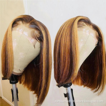 Weaves and wigs hd lace pre plucked wig human hair highlight 1b honey brown color straight bob human hair lace front wigs